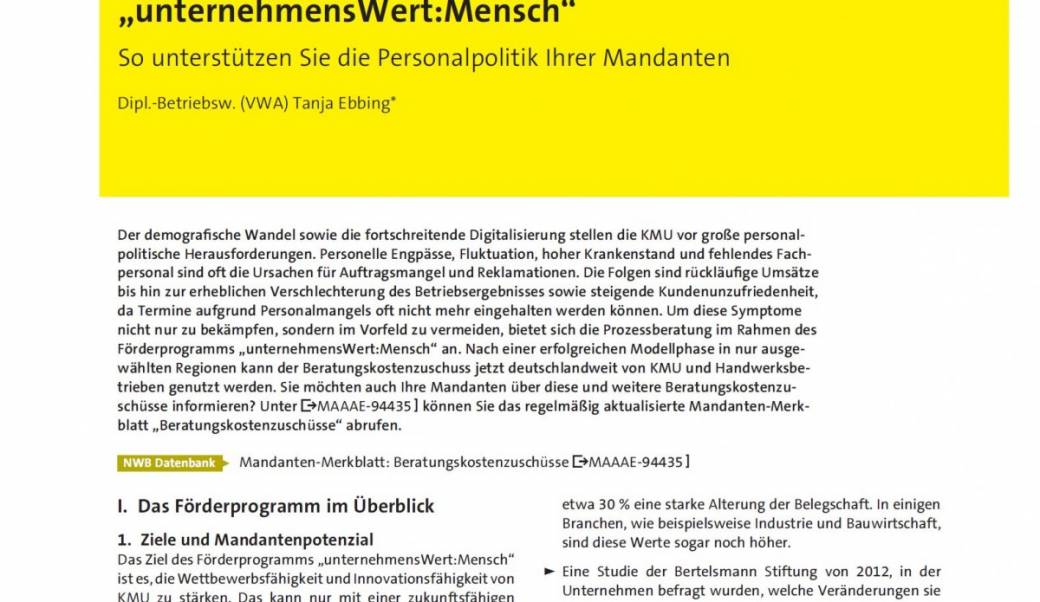 Beratungsgutscheine im Förderprogramm unternehmensWert:Mensch - Prozessberatung für KMU